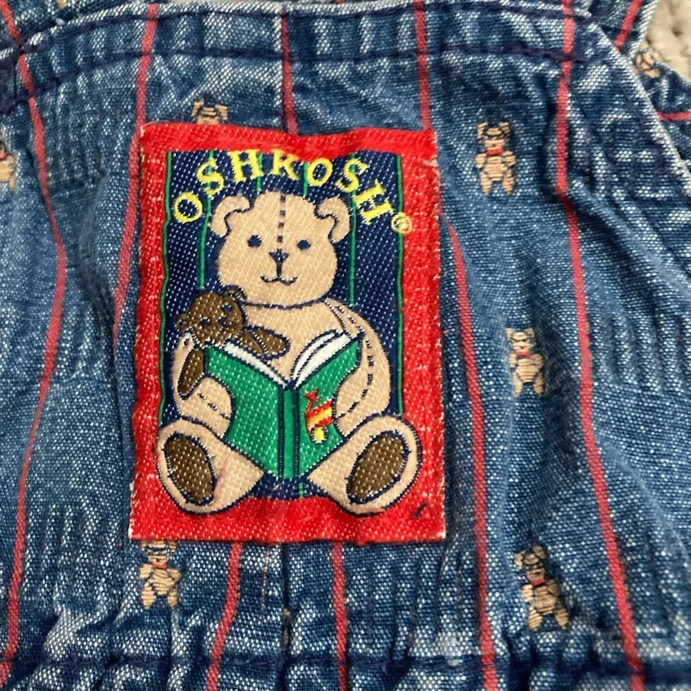 Vintage OshKosh B’Gosh Teddy‎ Bear Overalls 24M Denim Striped USA Made